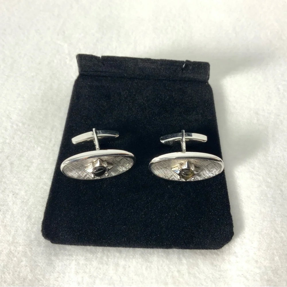 SWANK Silver Cufflinks with Gray Quartz Stone Matching Tie Clip Set